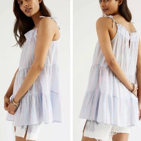 Maeve by antroplogie Gauzy Tiered Tunic Tank Flowy Striped women’s Top Blue - Picture 1 of 13